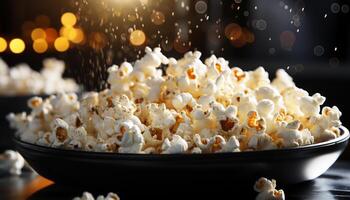 AI generated Fresh popcorn, sweet candy, and a movie night delight generated by AI photo