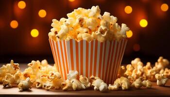 AI generated Fluffy popcorn bucket, sweet candy, refreshing drink, indulgent snack generated by AI photo