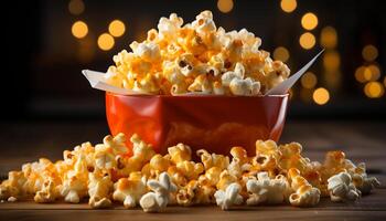 AI generated Fresh popcorn in a yellow bowl, perfect movie theater snack generated by AI photo