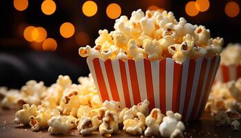 AI generated Gourmet popcorn, candy, and refreshing drinks for movie night generated by AI photo