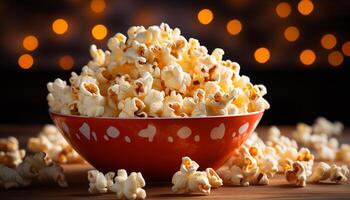 AI generated Bowl of fresh popcorn, a movie night indulgence generated by AI photo