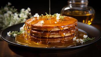 AI generated Homemade pancake stack with honey syrup and fresh fruit generated by AI photo