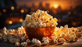 AI generated Fresh popcorn in a yellow bowl, watching a movie at night generated by AI photo