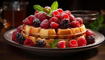 AI generated Fresh berry dessert on wooden plate, homemade and healthy generated by AI photo