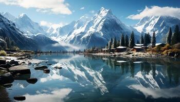 AI generated Majestic mountain peak reflects in tranquil blue water generated by AI photo