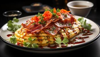 AI generated Grilled pork slice with fresh salad, ready to eat and healthy generated by AI photo