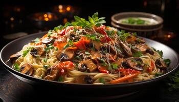 AI generated Freshness on plate gourmet pasta, cooked meal, healthy eating generated by AI photo