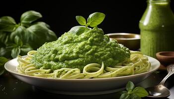 AI generated Healthy vegetarian pasta with fresh pesto sauce and Parmesan cheese generated by AI photo