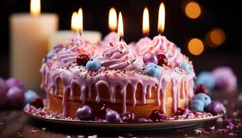 ai generado cumpleaños pastel con velas, chocolate Formación de hielo, y Fresco fresas generado por ai foto