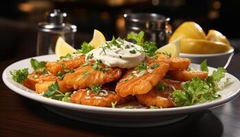 ai generado A la parrilla Mariscos filete con Fresco ensalada, sano y delicioso generado por ai foto