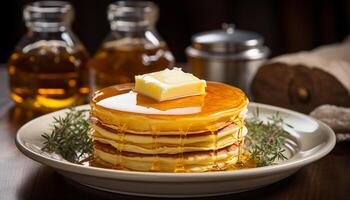 AI generated A stack of homemade pancakes with butter and syrup generated by AI photo