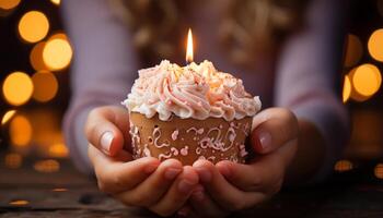 ai generado un mujer participación un hecho en casa chocolate postre por luz de una vela generado por ai foto