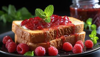 ai generado frescura y dulzura en un plato de gastrónomo frambuesa postre generado por ai foto