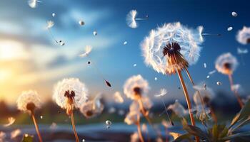 AI generated Fluffy dandelion seed flying in blue summer meadow generated by AI photo