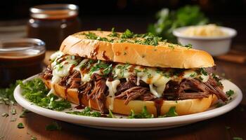 AI generated Grilled beef sandwich with fresh vegetables, homemade guacamole, and fries generated by AI photo