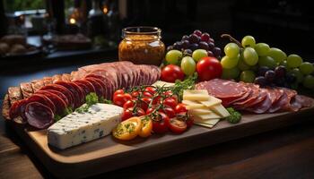 ai generado un rústico plato de ahumado carne, Fresco pan, y vino generado por ai foto