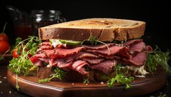 AI generated Freshness on a wooden table gourmet sandwich, smoked prosciutto generated by AI photo
