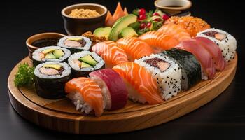 AI generated Freshness on plate sushi, sashimi, avocado, ginger, seaweed, chopsticks generated by AI photo