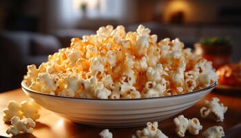 AI generated Fresh popcorn, sweet candy, and refreshing drink for movie night generated by AI photo