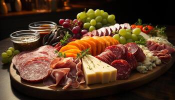 ai generado rústico plato de carne, queso, y Fruta en de madera mesa generado por ai foto