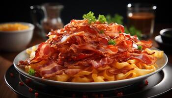 AI generated Close up of a gourmet meal grilled pork with bacon slice generated by AI photo