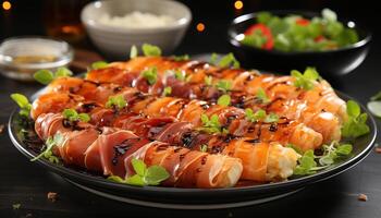 AI generated Grilled meat, fresh seafood, healthy salad gourmet lunch feast generated by AI photo