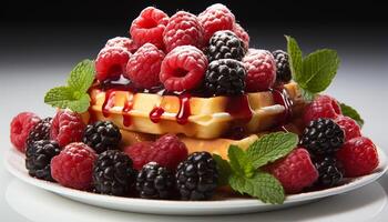 AI generated Fresh berry dessert with mint leaf on wooden plate generated by AI photo