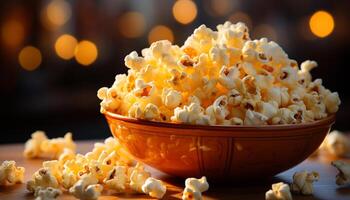AI generated A bowl of fresh popcorn, a movie night delight generated by AI photo