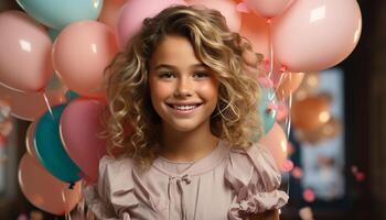 ai generado sonriente caucásico niña participación vistoso globo, disfrutando cumpleaños fiesta generado por ai foto