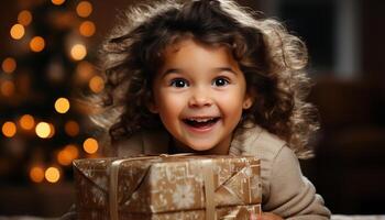ai generado sonriente niño sostiene regalo, trae felicidad a Navidad celebracion generado por ai foto