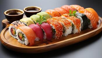 ai generado frescura en plato Sushi, sashimi, palta, arroz, jengibre, algas marinas generado por ai foto