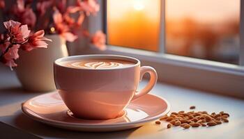 ai generado Fresco capuchino en de madera mesa, un Perfecto café descanso generado por ai foto