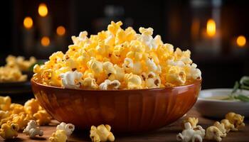 AI generated Fresh popcorn in a yellow bowl, perfect movie theater snack generated by AI photo