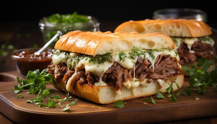 AI generated Grilled beef sandwich with fresh vegetables, homemade sauce, and fries generated by AI