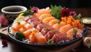 ai generado frescura y variedad en un plato Sushi, sashimi, mariscos, y más generado por ai foto