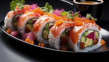 AI generated Freshness on plate gourmet seafood meal, close up of maki sushi generated by AI photo