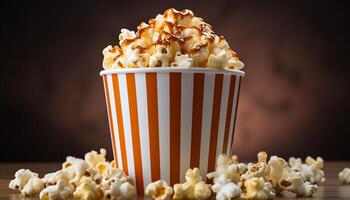 ai generado acecho un película, merienda en Palomitas, en un película teatro generado por ai foto