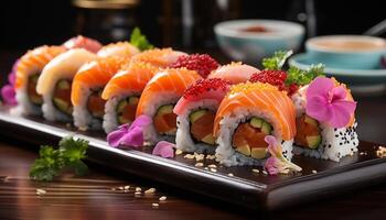 AI generated Freshness on plate seafood, sashimi, maki sushi, nigiri, avocado generated by AI photo