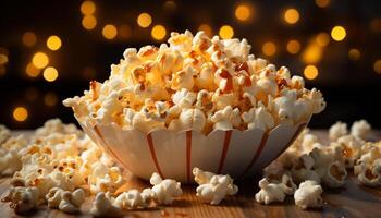 AI generated Fresh popcorn in a yellow bowl, perfect movie night snack generated by AI photo