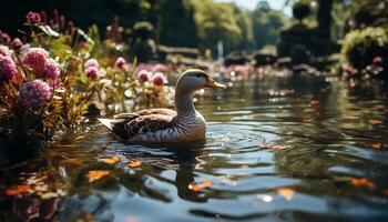 ai generado anadón graznando, naturaleza belleza reflejado en tranquilo estanque generado por ai foto