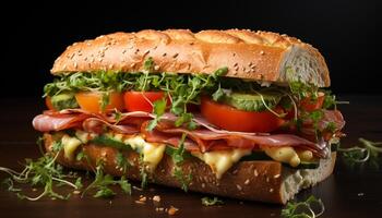 ai generado Fresco ciabatta emparedado con A la parrilla carne, tomate, y ensalada generado por ai foto