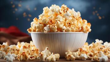 AI generated Watching a movie, snacking on fresh popcorn in a theater generated by AI photo