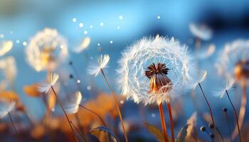 AI generated Fluffy dandelion seed in soft sunlight, symbolizing growth and fragility generated by AI photo