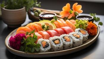 AI generated Fresh seafood plate sushi, sashimi, nigiri, maki a gourmet meal generated by AI photo