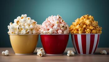 AI generated Gourmet popcorn in yellow bowl, perfect movie theater snack generated by AI photo