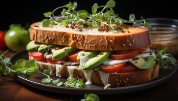 AI generated Freshness on a wooden plate grilled ciabatta sandwich with salad generated by AI photo