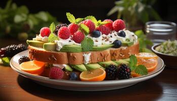 AI generated Fresh berry dessert on wooden plate, a healthy summer indulgence generated by AI photo