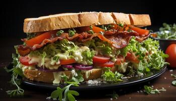 ai generado un Fresco gastrónomo emparedado con A la parrilla carne de vaca en ciabatta un pan generado por ai foto