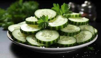 AI generated Fresh cucumber slices on a green salad, a healthy vegetarian meal generated by AI photo