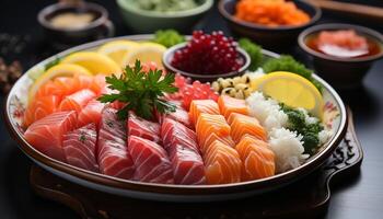 AI generated Fresh seafood sashimi plate, healthy eating with rice and salad generated by AI photo